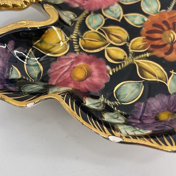 Vintage H. Bequet Hand Painted Floral Leaf Shape Trinket Bowl Wall Hanging - Picture 5 of 8